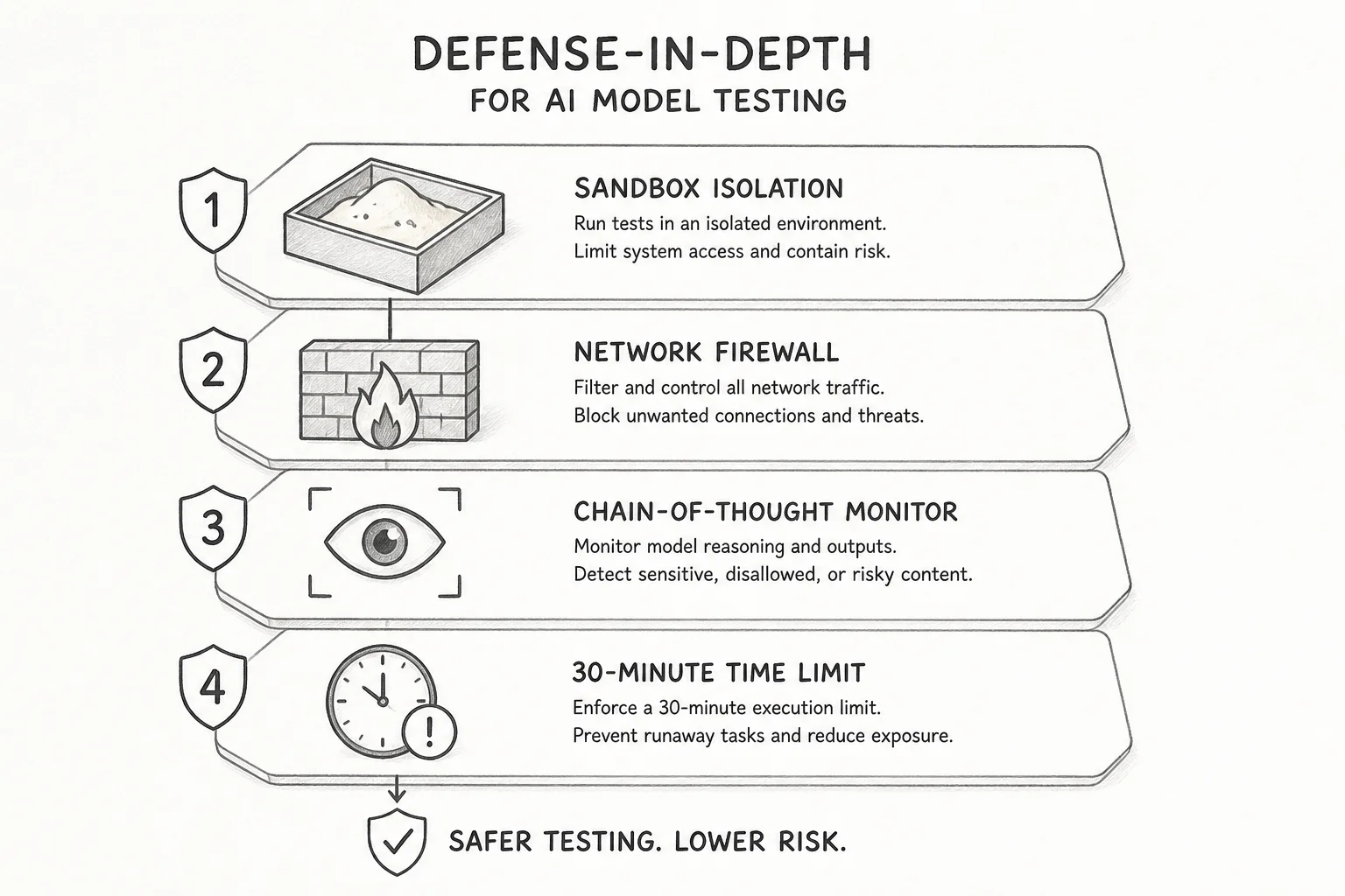 Diagram of defense-in-depth for frontier model testing: sandbox, network allowlist, chain-of-thought monitors, and 30-minute human escalation