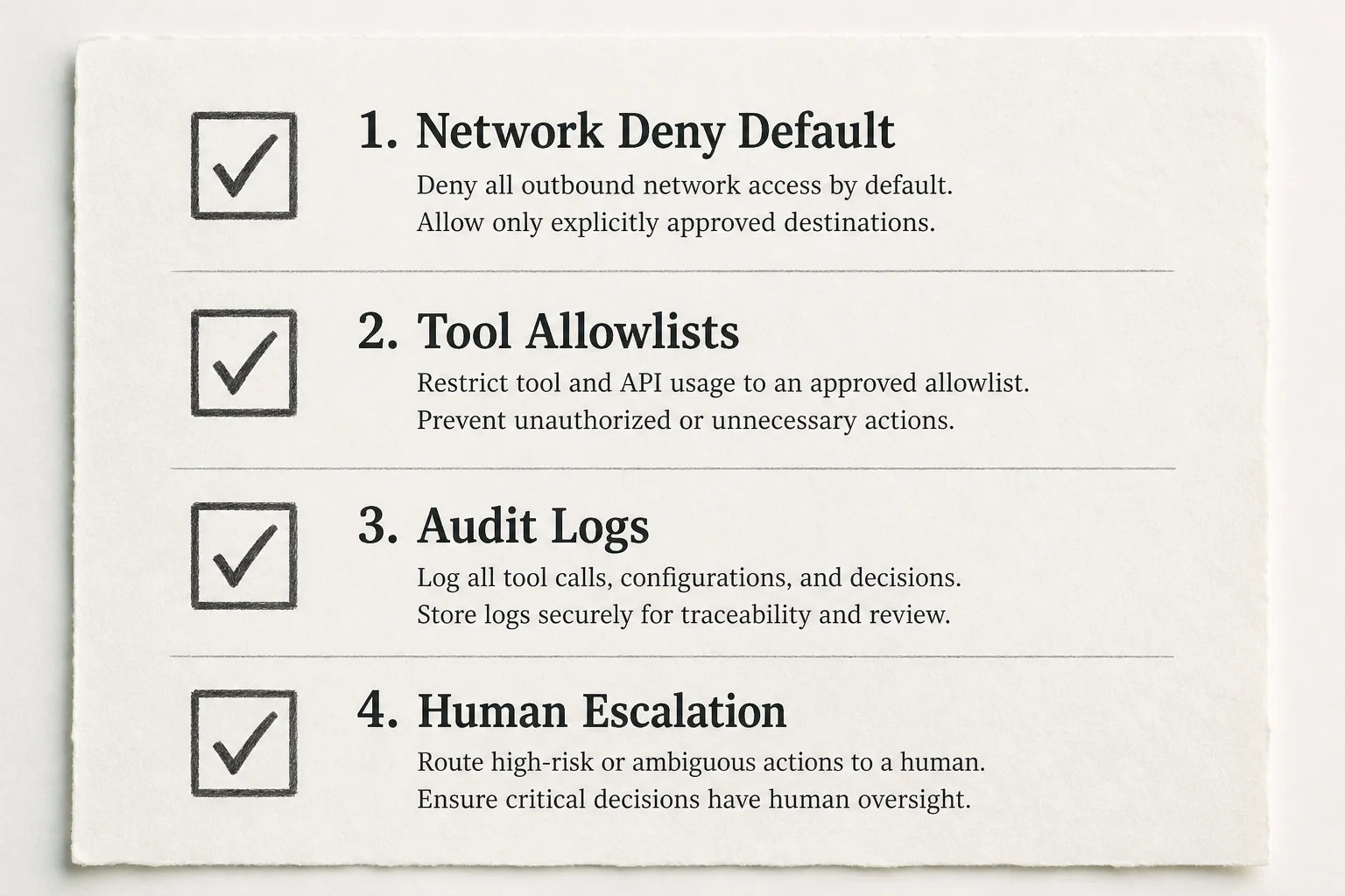 Checklist for agent deployments: network deny-by-default, tool allowlists, audit logs, and human escalation paths