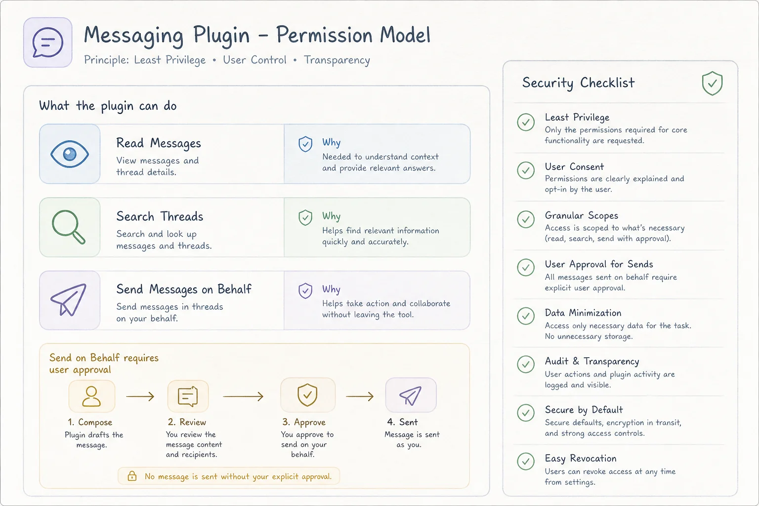 Permission checklist for messaging plugin access including read search and send approval