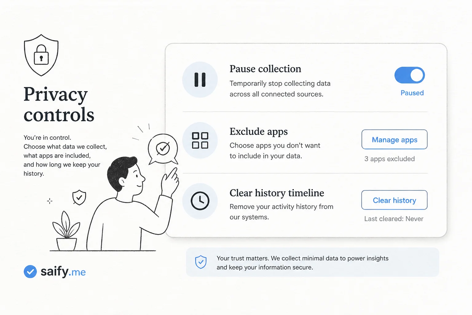 Privacy controls UI showing pause collection, exclude apps, and clear history options