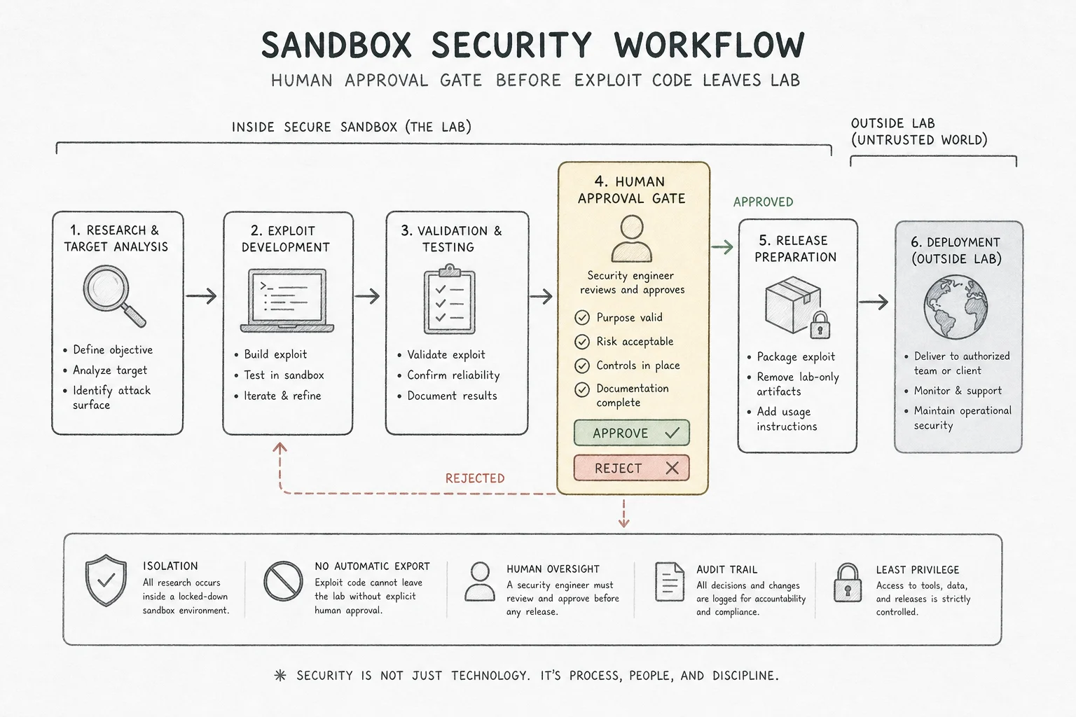 Security operations workflow showing sandboxed exploit validation with human approval gates