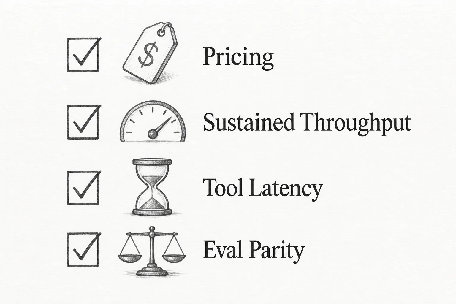 Checklist for evaluating Ultrafast: pricing, sustained throughput, tool latency, and eval parity
