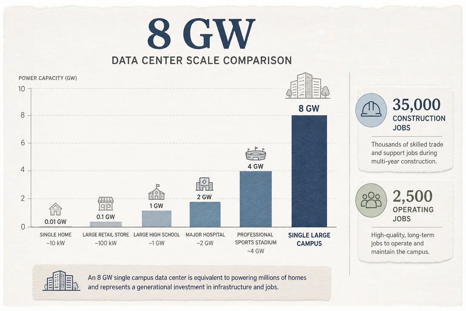 Infographic comparing 8 GW campus scale with 35000 construction jobs and 2500 operating roles