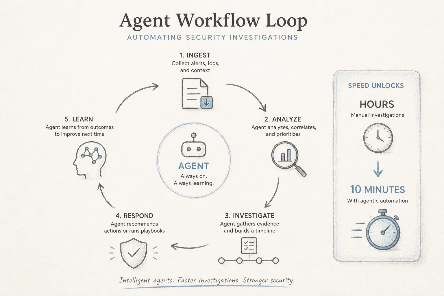 Workflow diagram showing security investigation time shrinking from hours to minutes with faster inference