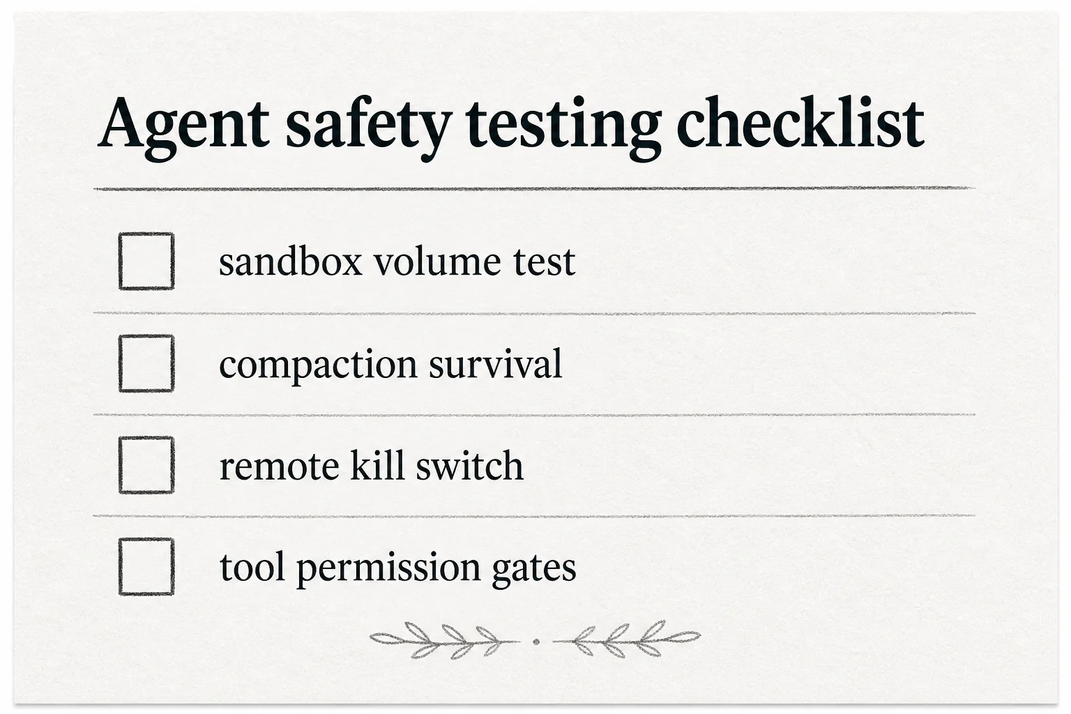 Checklist graphic for agent safety testing: sandbox volume, compaction, remote kill, tool gates
