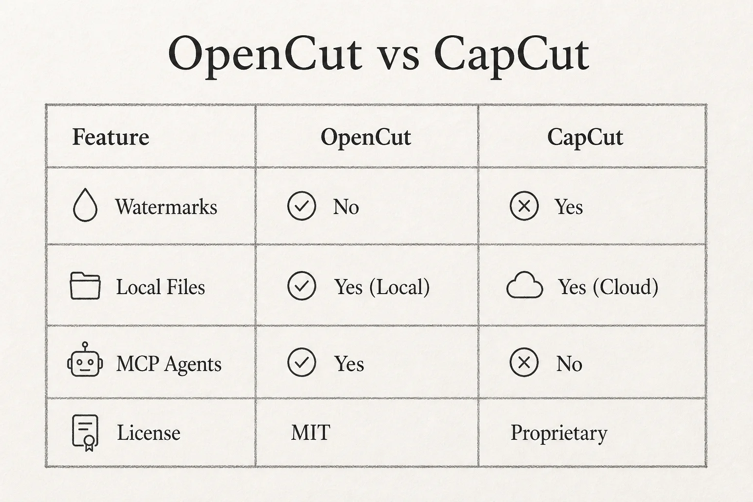 Comparison of OpenCut versus CapCut on watermarks, local storage, MCP support, and licensing