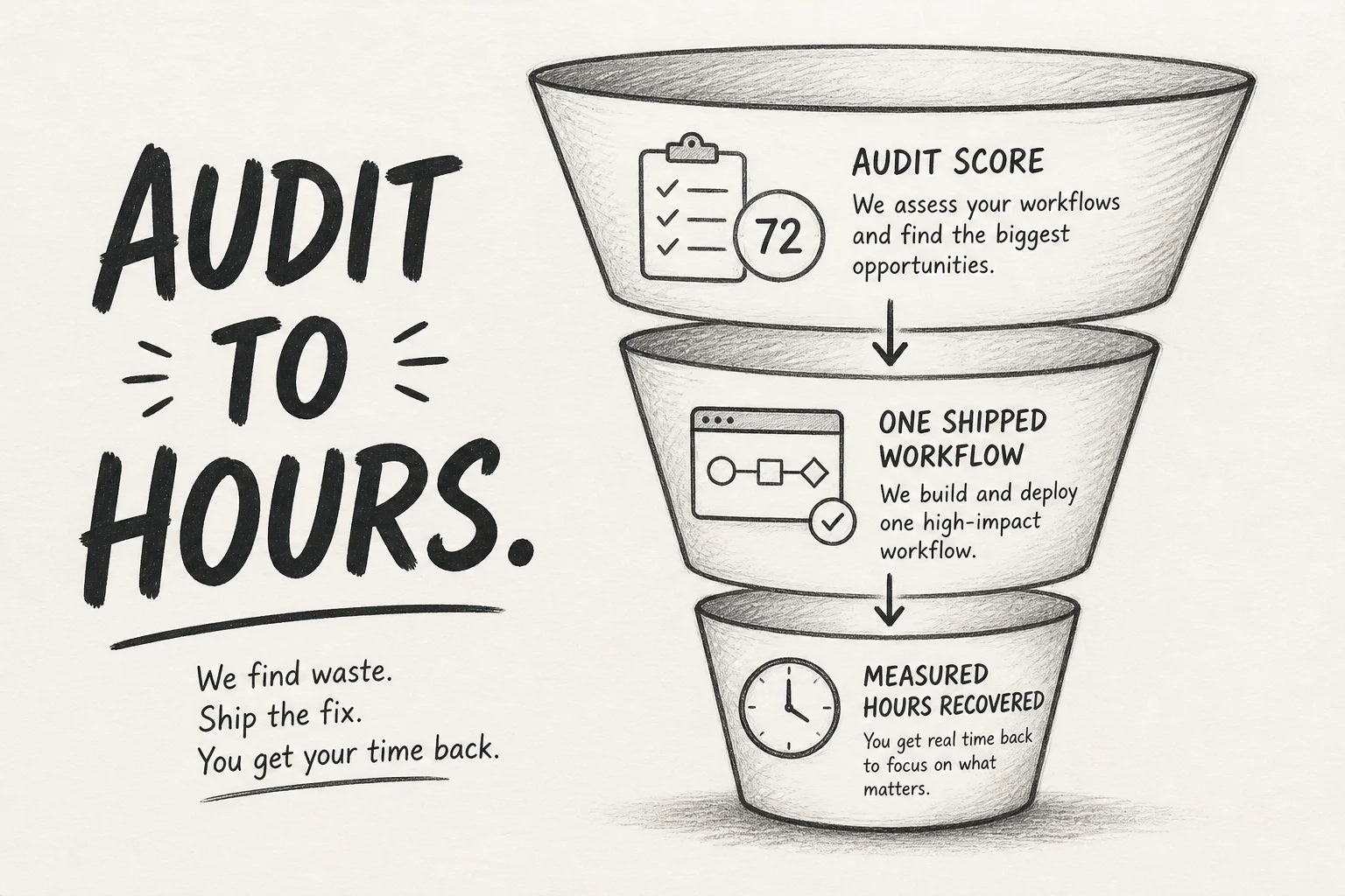 Soft Paper funnel diagram from audit score to one shipped workflow to measured hours recovered