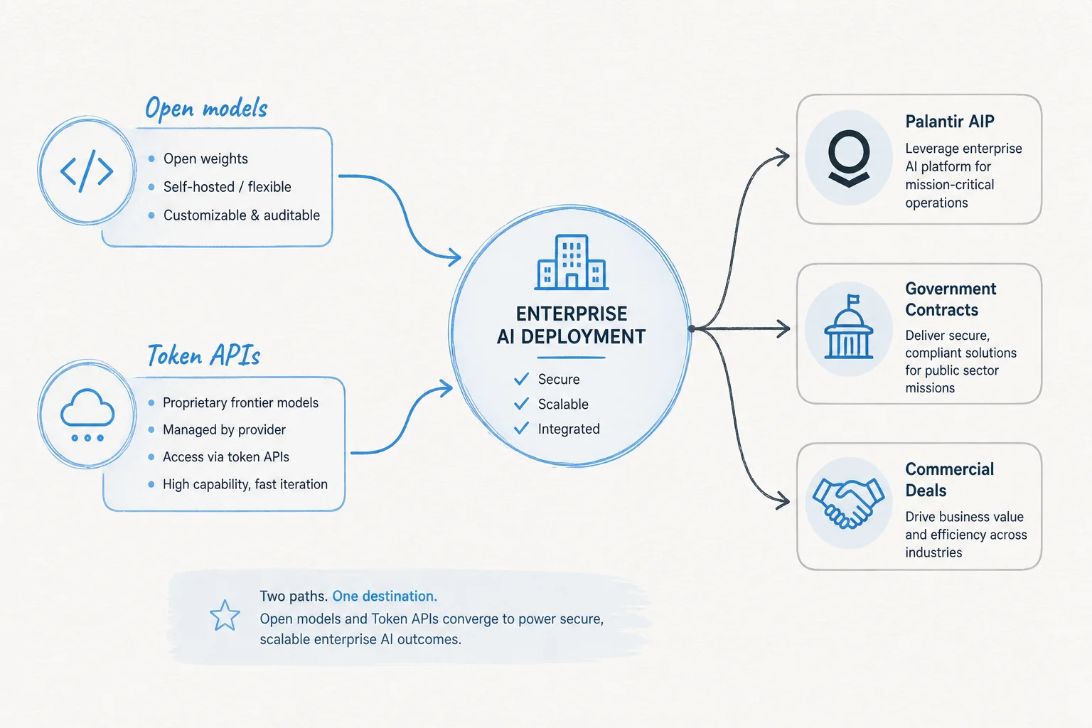 Concept diagram contrasting open-weight models and closed token APIs for enterprise AI deployment