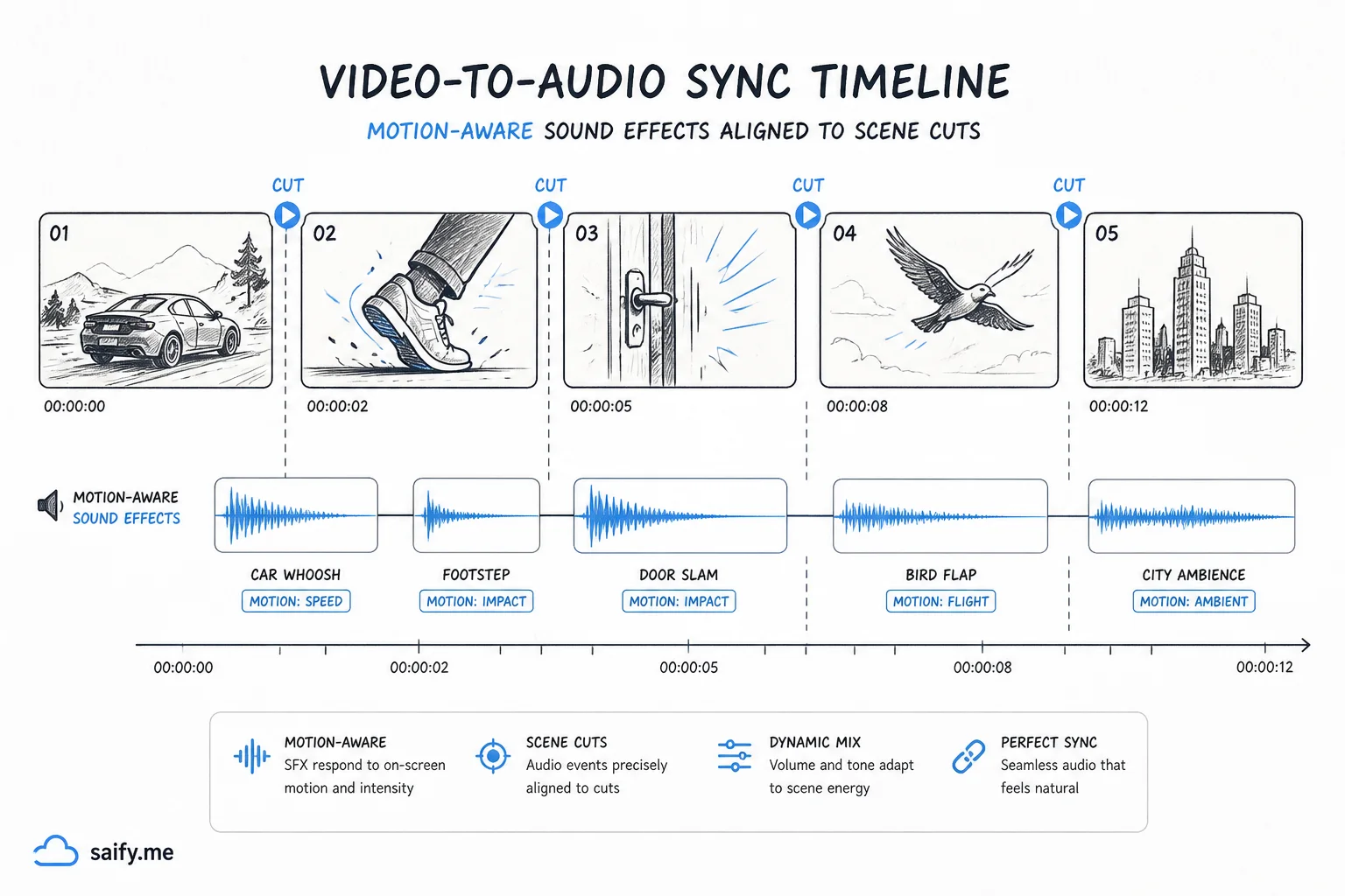 Timeline diagram showing motion-aware sound effects aligned to video scene cuts