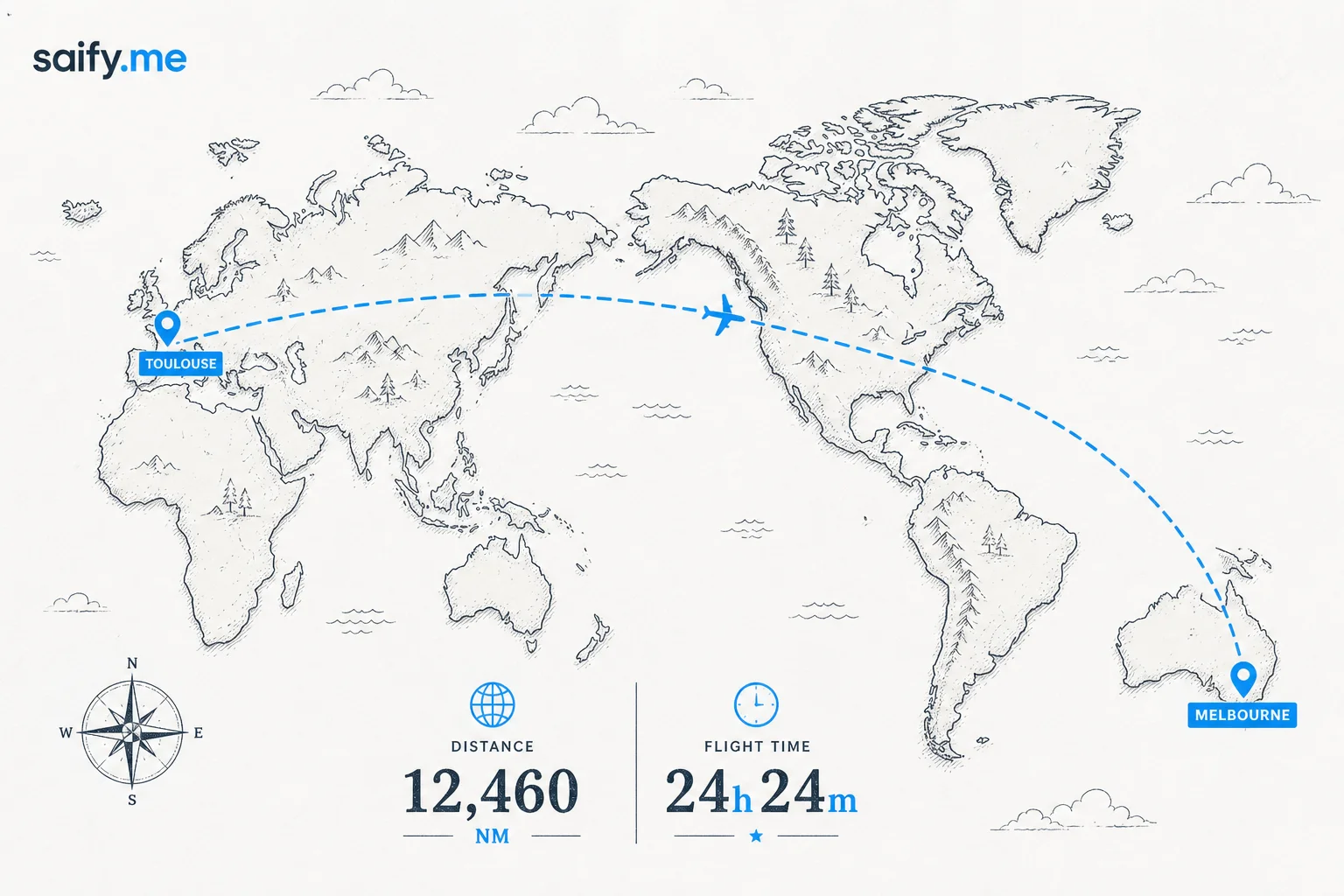 World map showing Melbourne to Toulouse test flight path crossing Pacific, North America, and Atlantic oceans