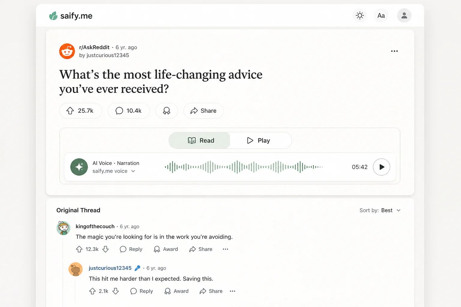 Reddit post UI mock showing Read and Play toggle with AI voice waveform and intact comment thread