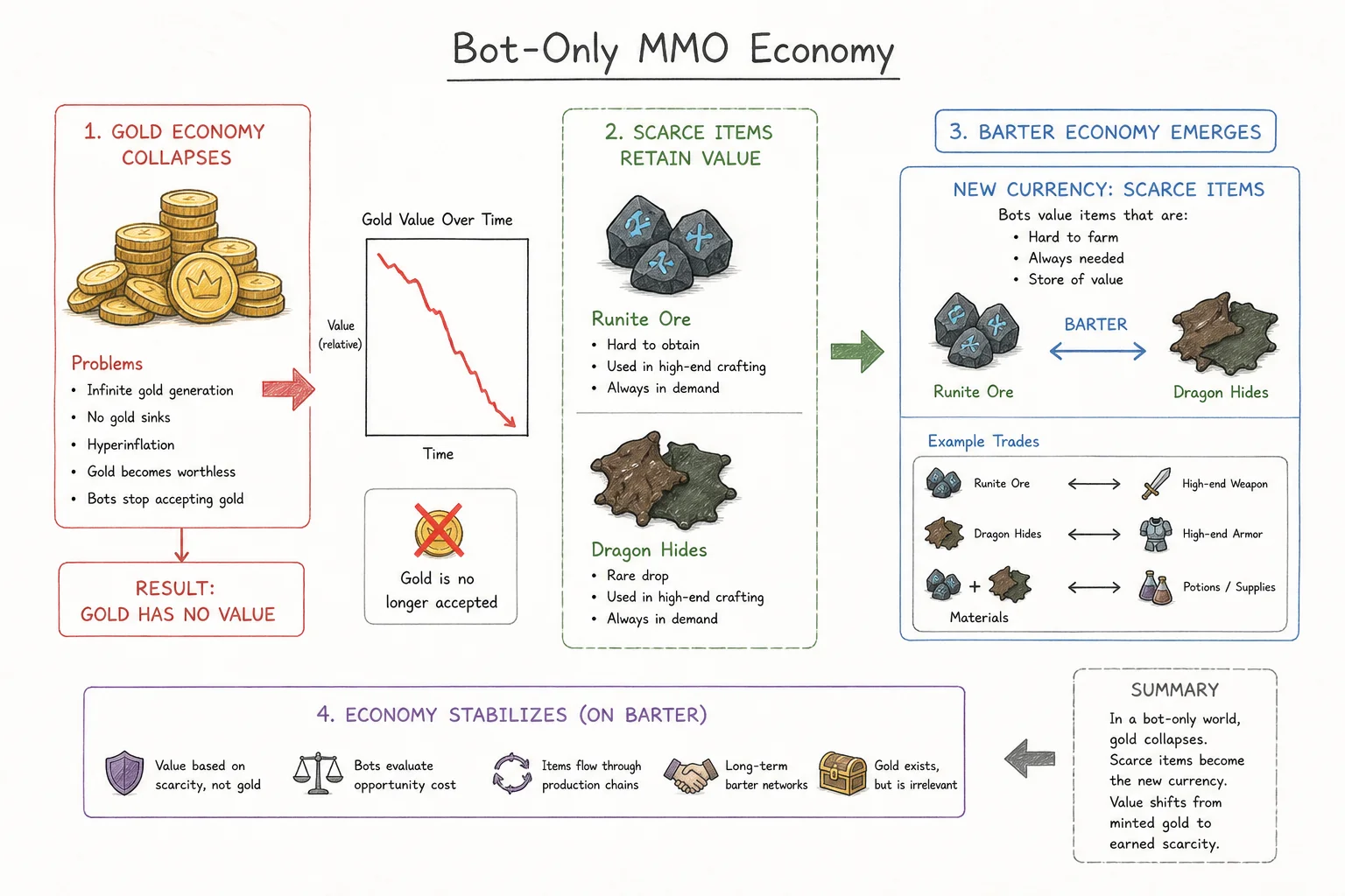 Diagram of bot-only MMO economy shifting from gold currency to scarce-item barter