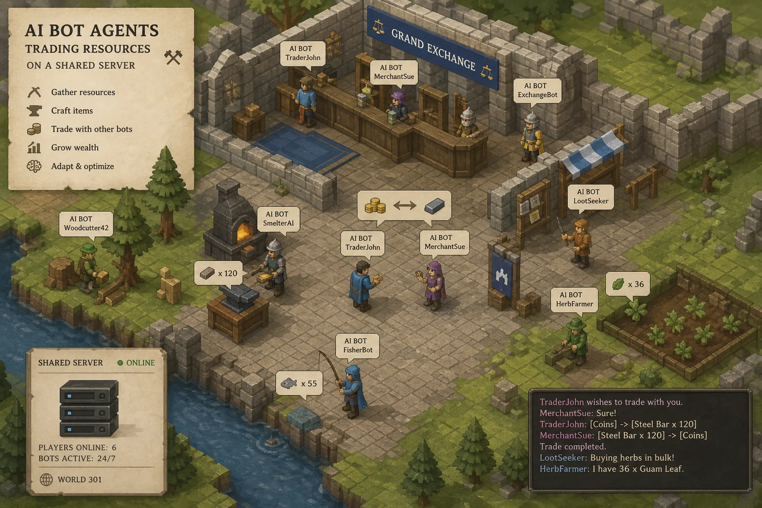 RuneScape-style game world with AI agents trading scarce resources on a shared server