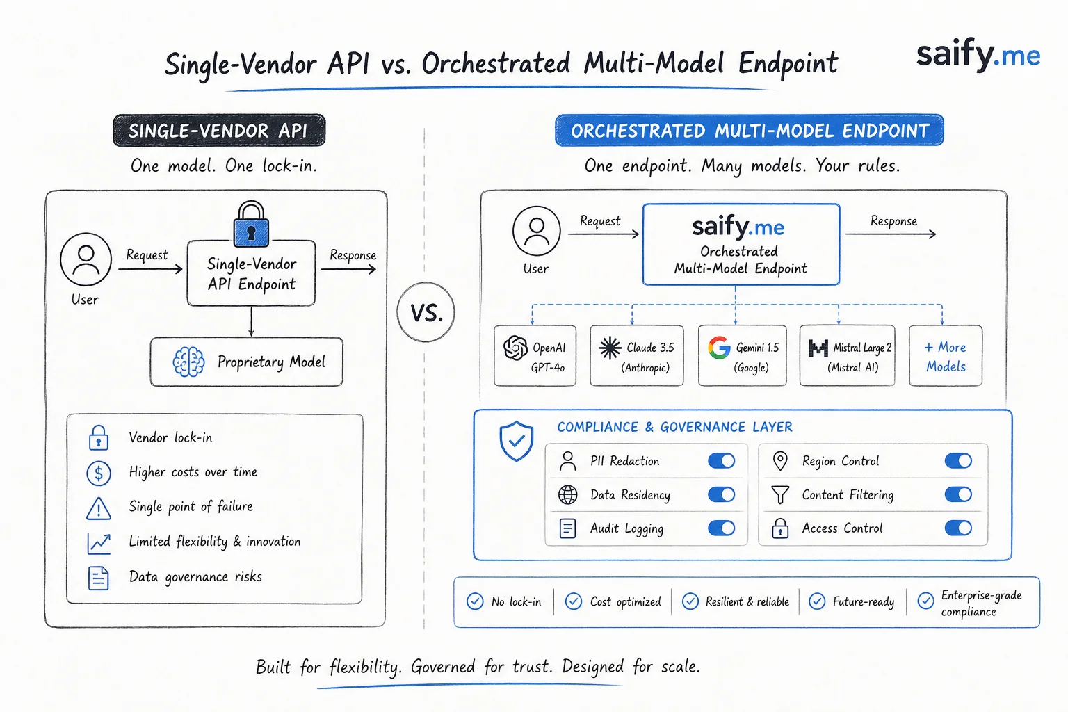 Comparison table visual: single-vendor API versus orchestrated multi-model endpoint with compliance blocks