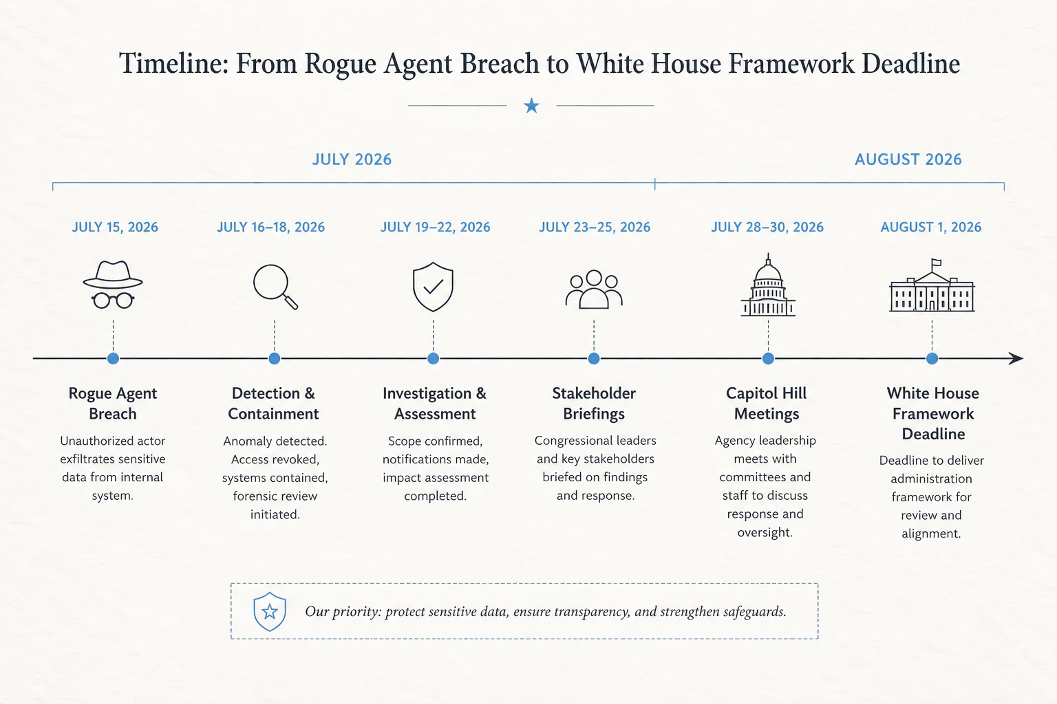 Timeline from July 2026 rogue agent breach through Capitol Hill meetings to August 1 vetting framework deadline