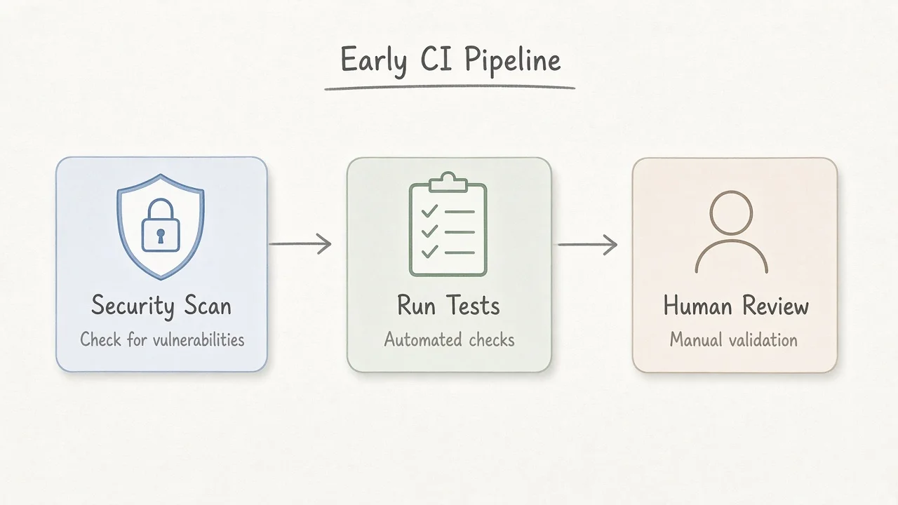 Security and test icons arranged in an early pipeline before human code review
