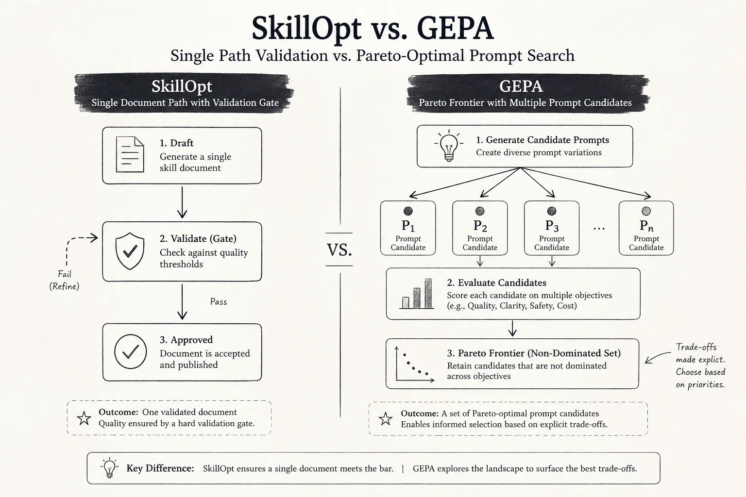 Comparison of SkillOpt single-document training vs GEPA Pareto frontier over multiple prompt candidates