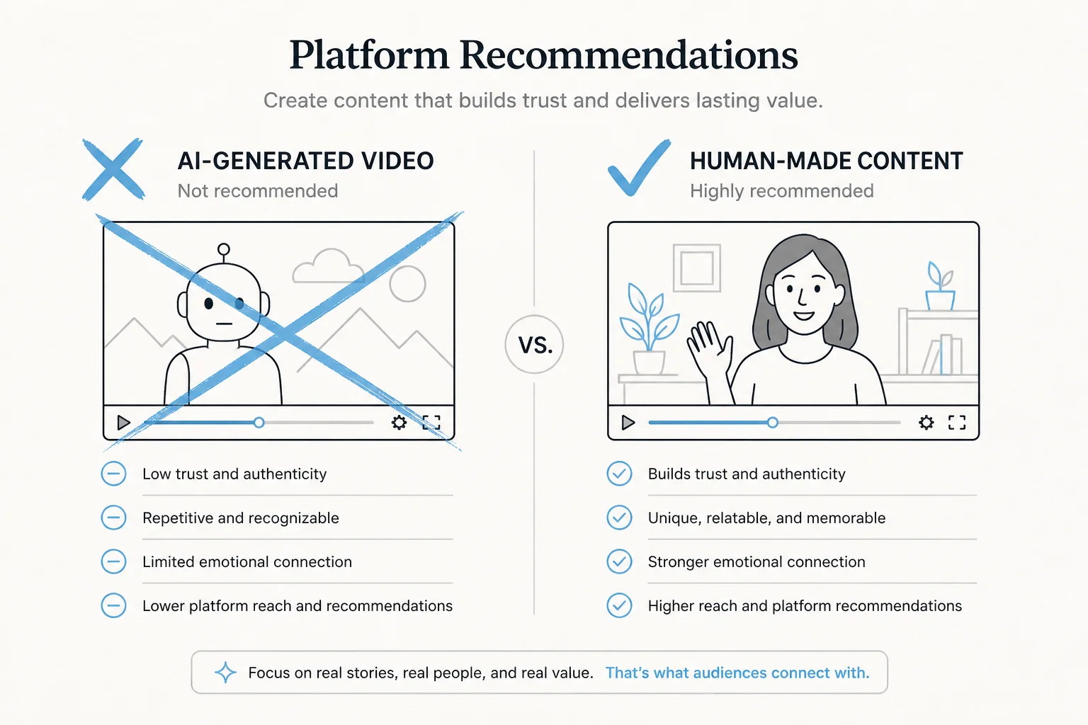 Comparison of wholly AI-generated video blocked from recommendations versus human-made content approved