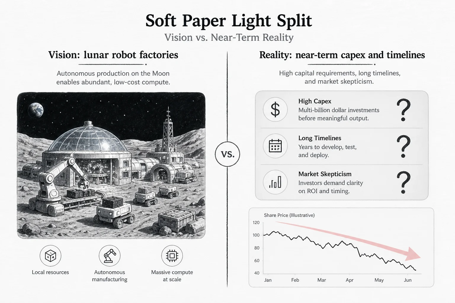 Investor gap: lunar robot factory vision versus near-term SpaceX capex and execution risk