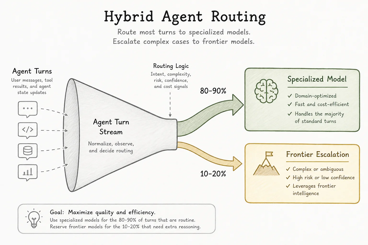 Diagram showing agent turns split between specialized execution models and frontier escalation for complex steps
