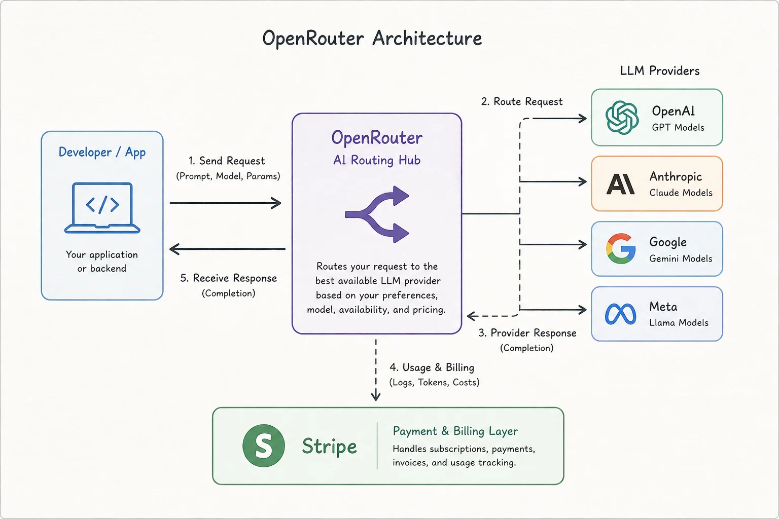 Diagram of app requests routing through OpenRouter hub to multiple LLM providers with Stripe payment layer