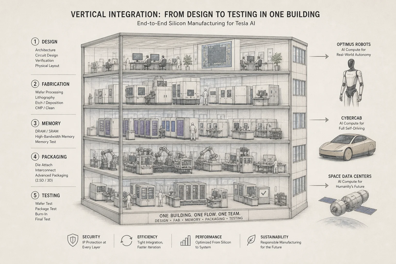 Vertical integration diagram showing chip design, fabrication, memory, packaging, and testing in one Terafab facility