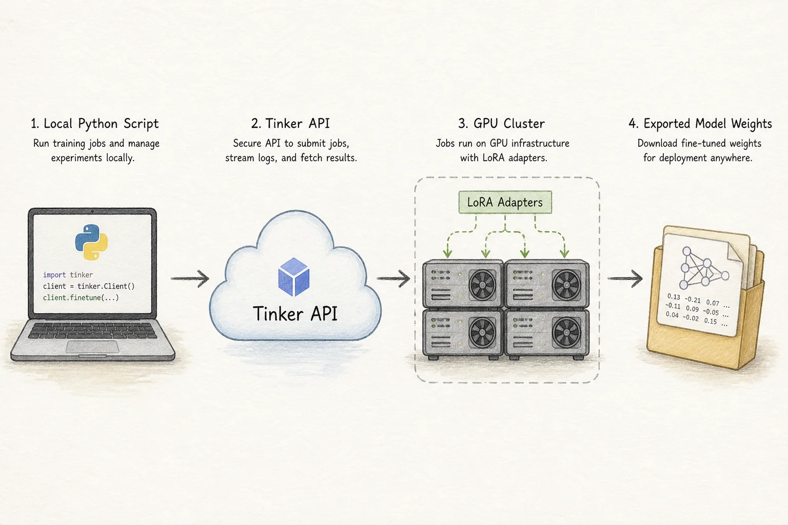 Flow diagram from local Python training script through Tinker API to distributed GPU LoRA training and exported adapters