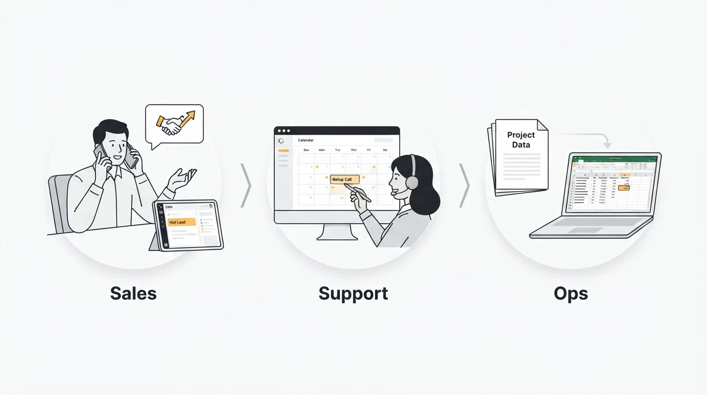 Three business agent examples for sales lead chase, support booking, and ops document processing