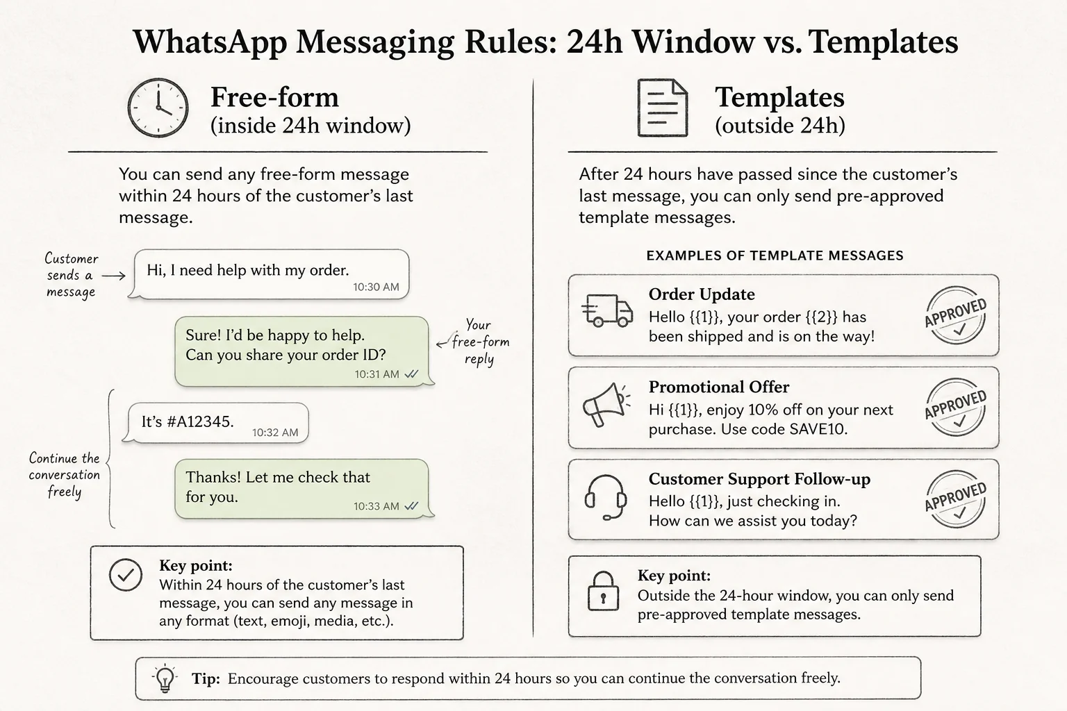 Soft Paper comparison of WhatsApp free-form replies inside the 24-hour window versus approved templates outside it