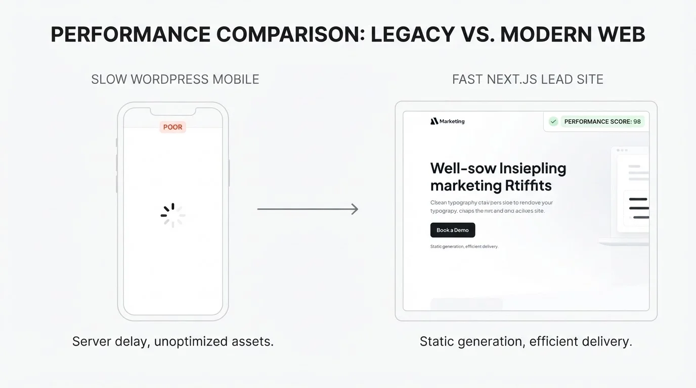 Soft Paper comparison of a slow WordPress mobile load versus a fast Next.js lead site hero with Book CTA