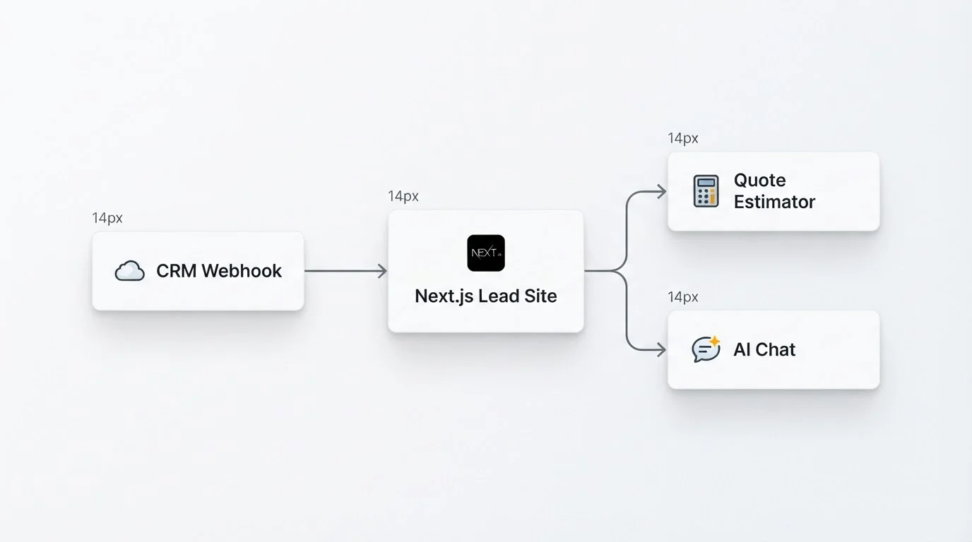 Soft Paper diagram of Next.js lead site connected to CRM webhook, estimator, and AI chat without plugin clutter