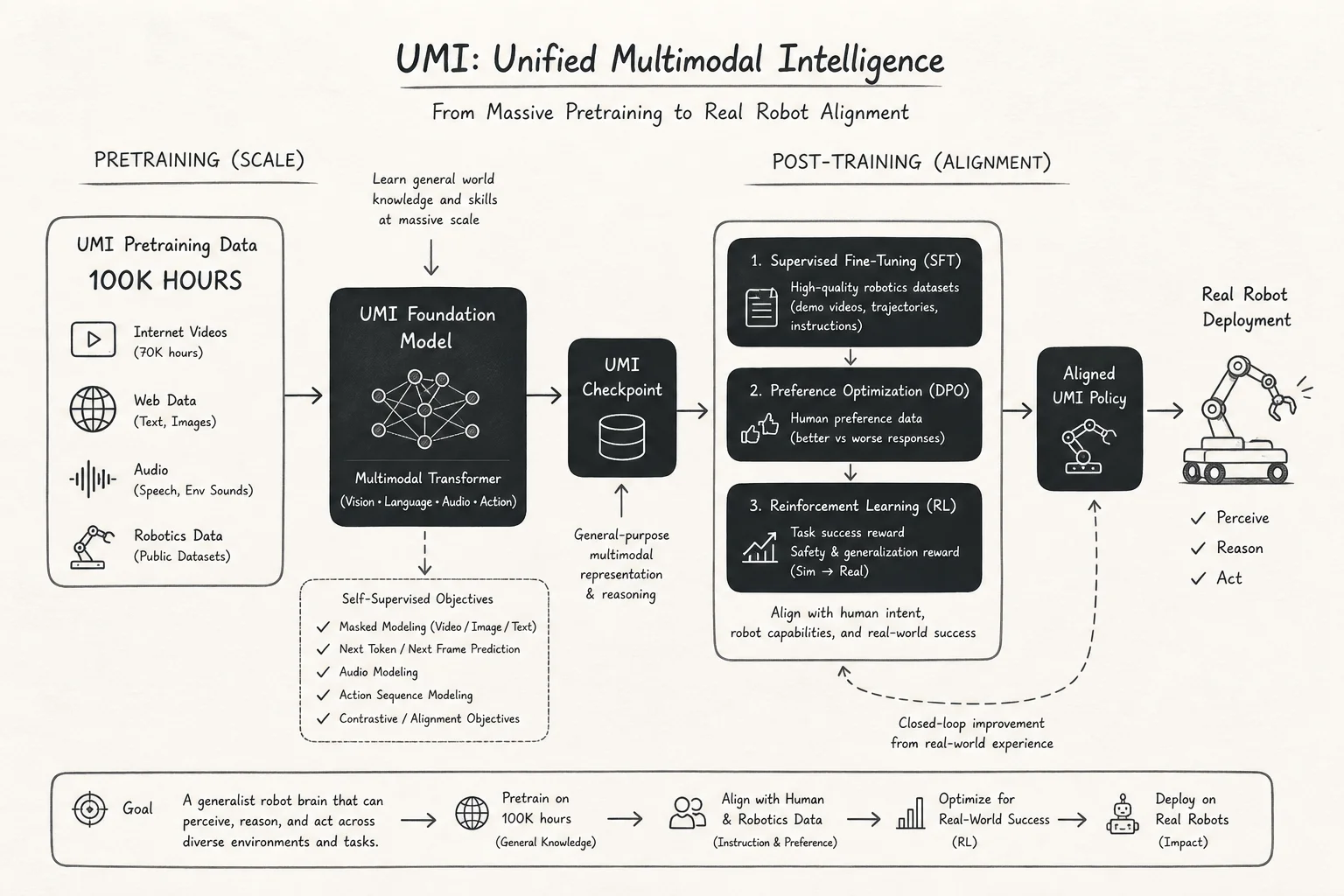 Xiaomi-Robotics-1 training pipeline from UMI pretrain to real-robot post-training
