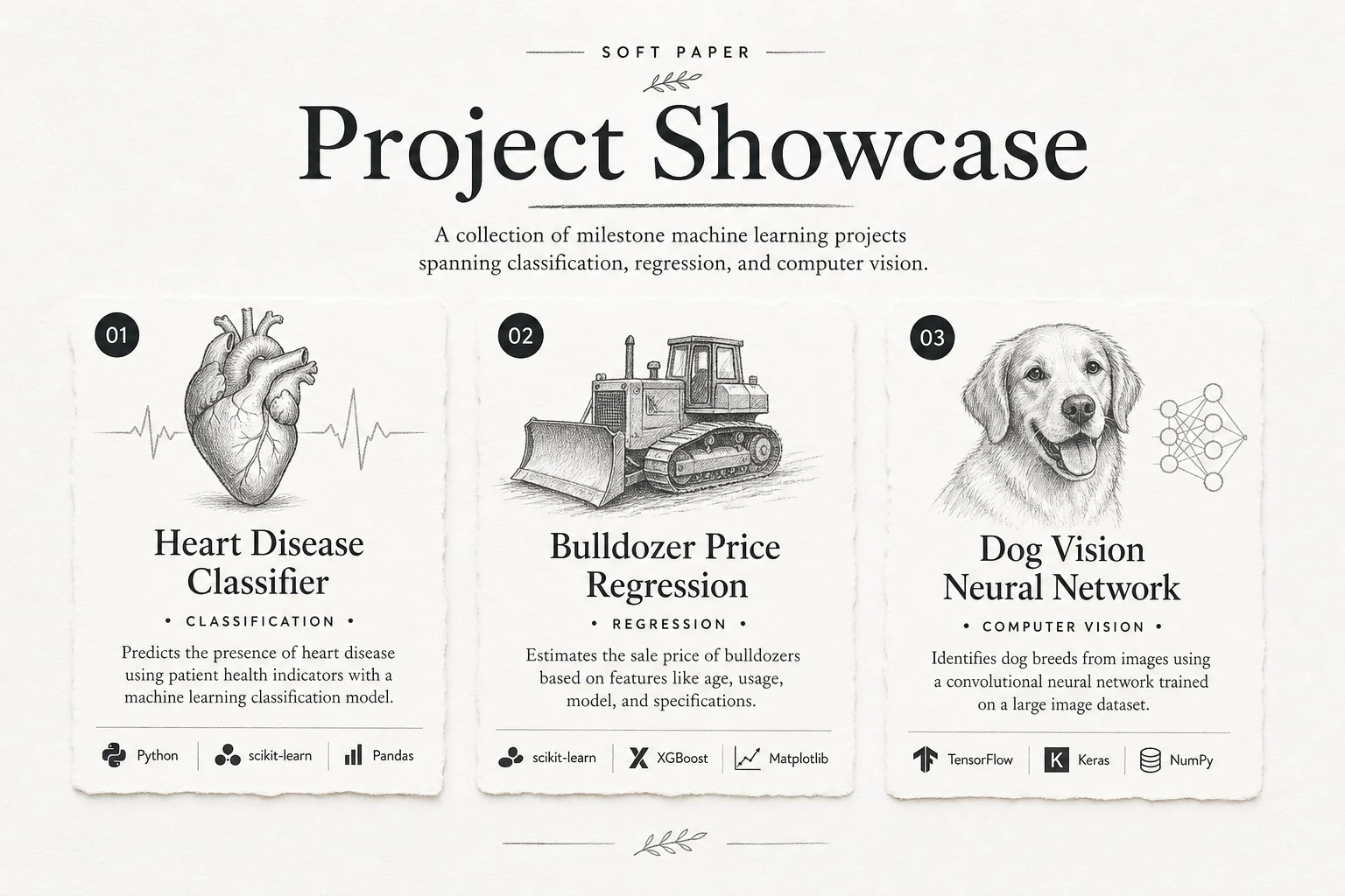 Three milestone projects in the Zero to Mastery course: heart disease classifier, bulldozer regression, and dog vision neural network